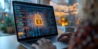 Cybersecurity specialist working on laptop with glowing padlock icon and programming code, blurred bokeh lights background creates modern tech atmosphere.
