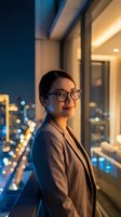 Professional Asian businesswoman with glasses standing by office window overlooking city lights at night, corporate executive in modern workplace.