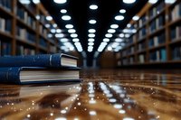 Books stacked on wooden floor in library with rows of bookshelves and ceiling lights creating dramatic perspective. Shallow depth of field highlights book details.