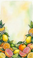 Watercolor citrus fruits border with lemons, oranges, grapefruits and limes arranged on bottom and sides with white space for text or design use.