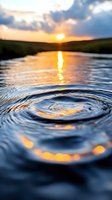 Rippling water circles on lake surface at sunset, golden sun reflection creating concentric patterns against dramatic sky background. For nature and meditation designs.