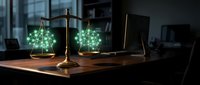 Digital justice scales with glowing network connections on lawyer desk representing legal technology and cyber law balance in modern office.