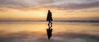 Silhouette of person walking on wet beach at sunset with golden sky reflection on water surface.
