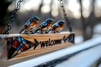 Three decorative bluebirds perched on rustic wooden welcome sign with painted bird motif, hanging from metal chain against soft blurred winter background.