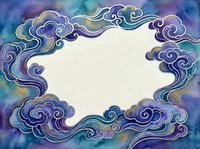 Ornate cloud frame with swirling patterns in purple and teal watercolor style creates decorative border with blank center space for text or design elements.