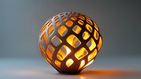 Glowing spherical decorative lamp with geometric cutout pattern casting warm orange light through holes against neutral background. Modern lighting design.