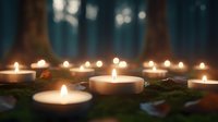 Glowing tea light candles arranged on forest moss create magical atmosphere with soft bokeh lights and autumn leaves in mystical woodland setting.