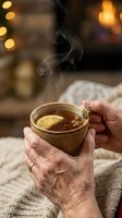 Mature adult hands holding steaming cup of herbal tea with lemon slice, cozy warm lighting and blurred bokeh background, perfect for wellness, relaxation and lifestyle content.