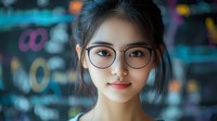 Young Asian woman wearing round glasses smiling at camera with soft bokeh lights and colorful blurred background creating dreamy atmospheric portrait.