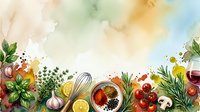 Culinary flat lay with fresh vegetables, herbs, citrus fruits, and cooking utensils arranged on white background for food styling and recipe design projects.