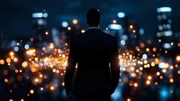Businessman silhouette against night city skyline with glowing bokeh lights and sparkles, back view. Conceptual success and achievement scene for business presentations.