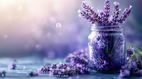 Fresh lavender sprigs in glass mason jar against dreamy purple bokeh background with scattered flowers and soft moonlight creating romantic atmosphere.