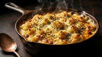 Steaming hot cauliflower gratin with golden cheese crust in cast iron skillet. Comfort food casserole with herbs and breadcrumbs for cooking blogs.