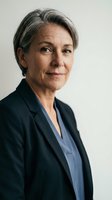 Mature woman with gray hair wearing dark blazer and blue shirt, professional headshot for corporate, business, and executive portraits.