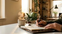 Person writing in notebook at cozy home workspace with steaming coffee mug and warm natural lighting creating productive morning atmosphere for journaling.