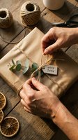Hands wrapping kraft paper gift box with twine, eucalyptus leaves and with love tag. Sustainable eco-friendly present packaging for holidays, birthdays, weddings.