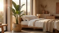 Serene bedroom interior with potted plant, natural sunlight through windows, neutral tones, and minimalist decor for home design and lifestyle content.