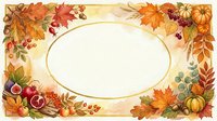 Autumn harvest frame with fall leaves, pumpkins, and berries surrounding blank oval space on cream background, suitable for seasonal greeting cards and invitations.