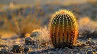 Golden sunset light illuminates a young barrel cactus with prominent spines in desert environment, creating dramatic shadows and warm tones perfect for nature and southwestern decor.