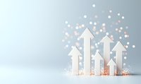 White upward arrows with glowing particles on light background showing growth and success concept. Suitable for business presentations and financial reports.