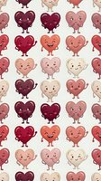 Cute cartoon heart characters with various emotions and expressions in different colors creating seamless repeating pattern for Valentine's Day designs.