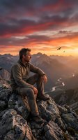 Middle-aged Caucasian man sitting on rocky mountain peak during golden hour sunset with dramatic orange sky and flying birds in distance.