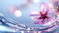 Pink cherry blossom floating on swirling water with sparkles and water drops in soft blue tones, creating dreamy spring atmosphere for wellness and spa designs.