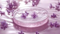 Purple lilac flowers floating on pink smoothie or cocktail in glass bowl with soft bokeh background and scattered petals creating romantic atmosphere.