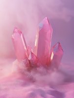 Pink crystal cluster formation emerging from soft misty background, with translucent quartz points catching light against dreamy rose-colored atmospheric setting.