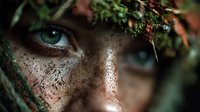 Fantasy forest nymph with moss crown and glittering skin emerges from enchanted woodland. Mystical creature makeup with natural elements for storytelling.