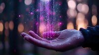 Magical glowing pink particles falling into an outstretched palm against dark bokeh background, creating mystical atmosphere for spiritual and wellness concepts.