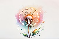Artistic watercolor dandelion with flying seeds on pastel background. Delicate botanical illustration combines soft pink and turquoise tones perfect for nature-inspired design projects.