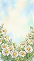 Watercolor daisy border with soft blue sky background, white chamomile flowers and green leaves, copy space for text, spring floral frame.