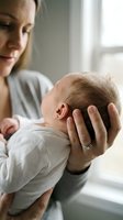 Young Caucasian mother gently holds sleeping newborn baby, cradling tiny head with care near soft window light, capturing tender maternal bond.
