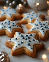 Star-shaped sugar cookies decorated with white royal icing and blue pearl sprinkles on white surface, with soft bokeh lights creating festive holiday atmosphere.