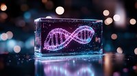 Glowing DNA helix structure in glass block with purple neon light effect against blurred bokeh background, modern science and biotechnology concept.