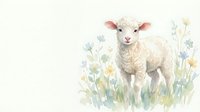 Adorable white lamb standing in spring meadow with delicate wildflowers, soft watercolor style artwork isolated on light background for nursery decor.