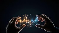 Two hands facing each other with glowing golden and blue energy sparks between them on dark background, representing connection, power, innovation, and technology for business and science concepts.