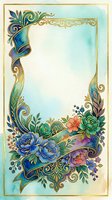 Watercolor floral frame with gold ornaments, teal ribbon, and blue, pink, purple blooms on soft aqua background, perfect for cards and invitations.