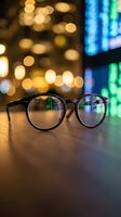 Black eyeglasses on table with colorful bokeh lights and neon signs reflecting in lenses creating urban nighttime atmosphere for vision and style concepts.