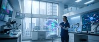 Female scientist analyzing holographic brain data in modern laboratory with digital neural network visualization and advanced medical research equipment.