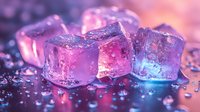 Glowing ice cubes with pink and purple illumination on wet surface with water drops, dramatic lighting creates magical atmosphere for beverage and cocktail photography.