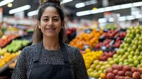 Young Hispanic female grocery store worker wearing black apron smiling in produce department with colorful fresh fruits and vegetables display in background.