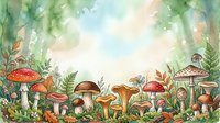 Watercolor illustration of various mushrooms and toadstools in forest setting with ferns and foliage, suitable for children's books, educational materials, and nature-themed designs.
