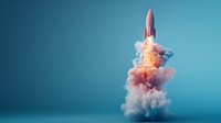 Pink rocket launching with colorful smoke clouds against blue background, dramatic lighting creates ethereal atmosphere for space exploration and startup concepts.