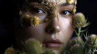 Young woman with golden glitter makeup and dandelions creating dreamy nature-inspired portrait against dark background. Artistic beauty photography with soft focus.
