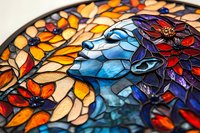 Stained glass mosaic fragment with vibrant floral pattern and feminine profile in blue tones, surrounded by orange and purple flowers, artistic decorative piece.