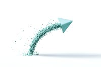 Turquoise paper airplane transforming into particles and flying upward with dynamic motion effect on white background, concept of innovation and change.