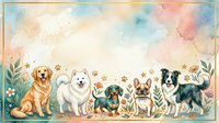 Watercolor dogs border frame with golden retriever, samoyed, dachshund, french bulldog and border collie, floral decor, copy space.
