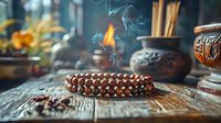 Wooden prayer beads with burning incense on rustic table amid smoke and traditional pottery vessels creating mystical spiritual atmosphere.